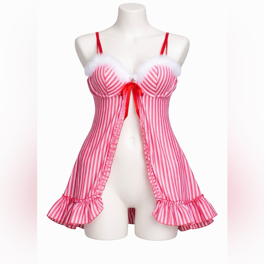 Inner Secrets Red White Stripe Feather Trim Babydoll Nightie Lingerie Sz S